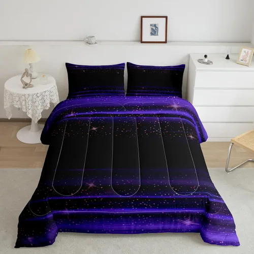 Erosebridal Juego de edredón de rayas geométricas, tamaño matrimonial, color morado y negro, degradado acuarela, degradado, estrellas, galaxia,