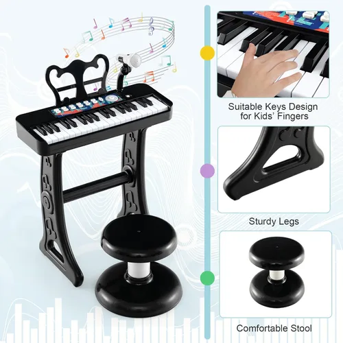 Miniatura 5 de Costzon Piano para niños, teclado de piano de juguete de 37 teclas con micrófono, taburete y soporte de música, piano electrónico portátil, juguete
