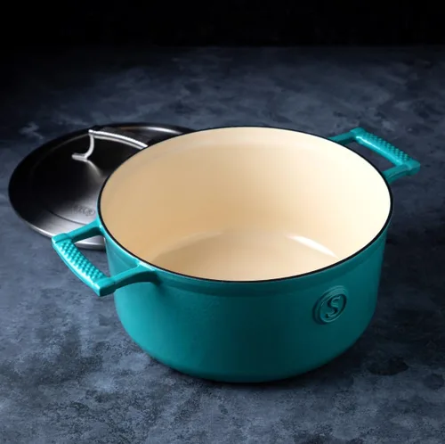 Miniatura 2 de SAVEUR SELECTS Cacerola de hierro fundido esmaltado, horno holandés de 5 cuartos de galón con tapa de acero inoxidable de doble pared, azul sabroso