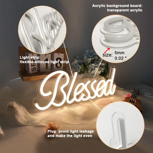 Miniatura 3 de DIVATLA Letrero de neón bendecido para decoración de pared, letreros con luz LED para dormitorio, regulable y reutilizable para oficina, estudio