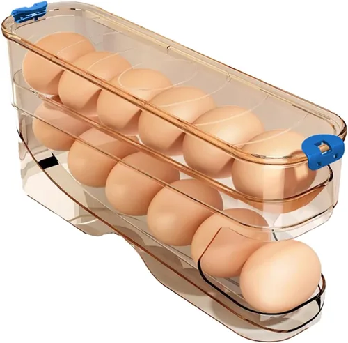 Miniatura 9 de Recipiente para huevos para refrigerador transparente apilable para almacenamiento y organización de cocina (marrón oscuro, 3 niveles)