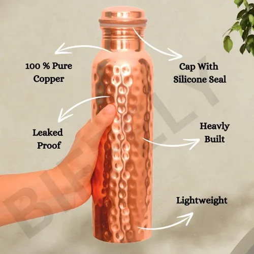 Miniatura 3 de Botella de agua de cobre puro – Botella ayurvédica a prueba de fugas de 33.8 fl oz (34 onzas) Hecho a mano, sin BPA, diseño sin articulaciones