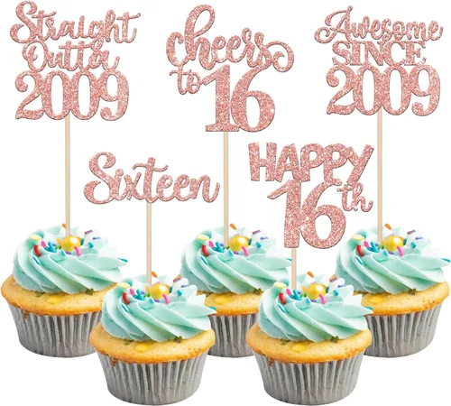 Miniatura 18 de Paquete de 30 adornos para cupcakes de 10º cumpleaños con purpurina recta hacia fuera de 2016, Happy 10th Ten Awesome Since 2016, 10 fabulosas