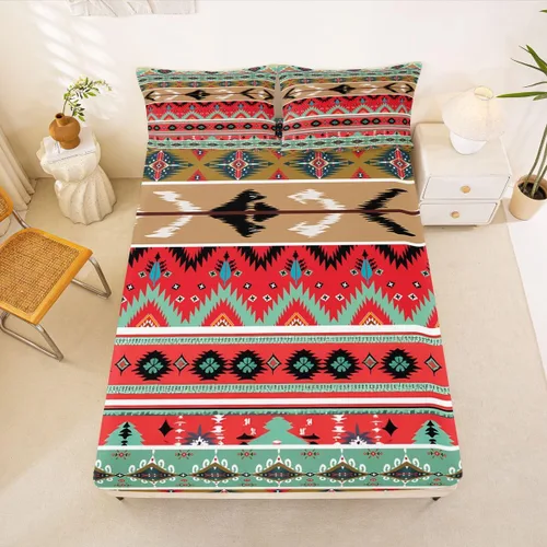 Miniatura 52 de Juego de ropa de cama occidental tamaño individual, sábanas aztecas, estilo nórdico exótico, bohemio, sábana bajera ajustable de tribu india
