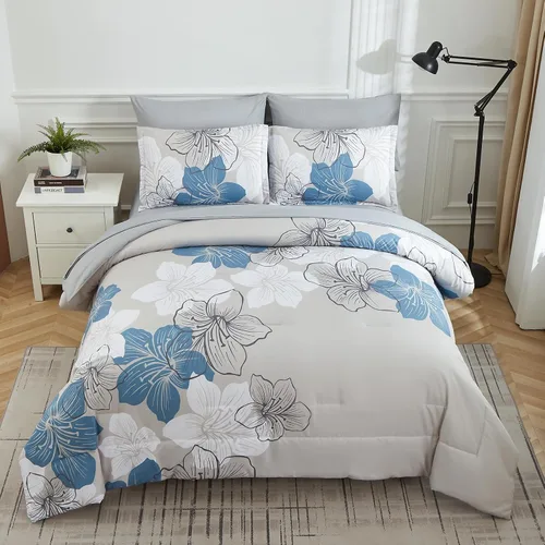 Miniatura 3 de Luxudecor Juego de edredón floral tamaño individual, 6 piezas de cama en una bolsa, edredón floral azul y juego de sábanas, juego de ropa de cama