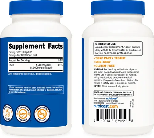 Miniatura 4 de Nutricost ácido fólico (Vitamina B9) 1000 mcg, 240 Cápsulas, 1 botella, 1