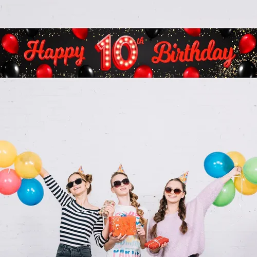 Miniatura 4 de Cartel de feliz cumpleaños número 10 color rojo y negro, globos para decoración temática para patio, jardín, niñas, mujeres, princesas, decoraciones