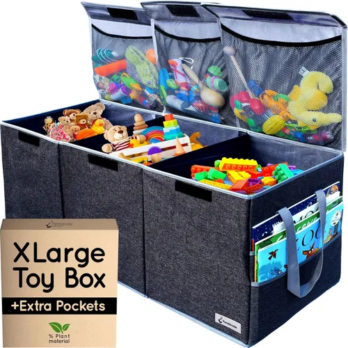 Caja de juguetes extra grande – Caja de juguetes grande – Organizador de almacenamiento de juguetes extragrande resistente con bolsillos – Cofre de