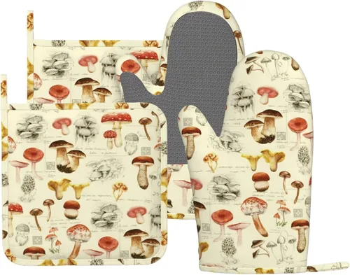 Miniatura 14 de Juego de guantes de horno y soportes para ollas con flores estilo retro de los años 70, guantes de cocina de silicona, resistentes al calor, 4 Flor