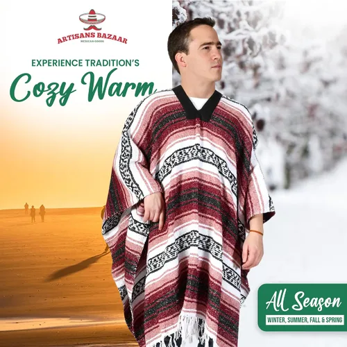 Miniatura 6 de Artisans Bazaar Poncho tradicional mexicano de Baja para hombres y mujeres, auténtico sarape de Gaban, manta de vaquero Pancho Jorongo