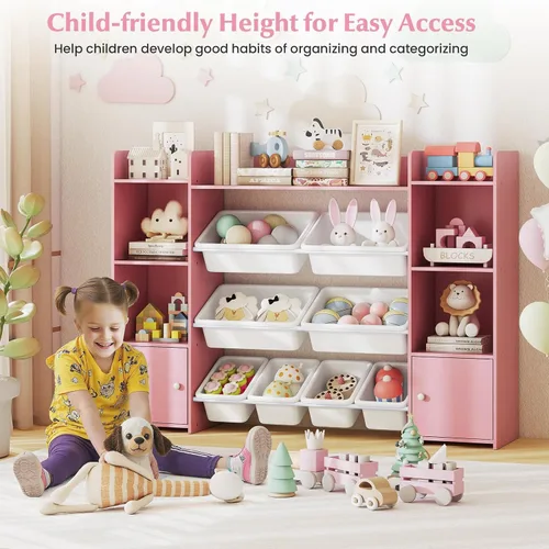 Miniatura 9 de HONEY JOY Organizador de almacenamiento de juguetes para niños, armario de almacenamiento de piso de madera con 8 contenedores extraíbles, estante
