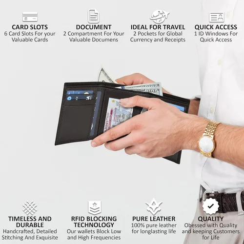 Miniatura 4 de Carteras RFID delgadas para hombre billetera triple con bolsillo frontal de cuero genuino Cartera RFID