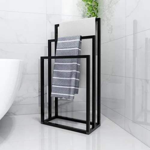 Miniatura 2 de Toalleros de metal, 3 barras para baño, estante de secado independiente, organizador de almacenamiento de 3 niveles, soporte para paños (negro)