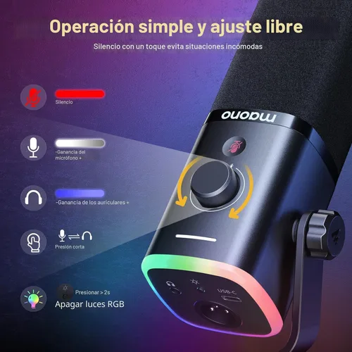 Miniatura 7 de MAONO Micrófono dinámico USB/XLR para transmisión de juegos, micrófono de computadora con software-RGB, botón de silencio, micrófono de escritorio