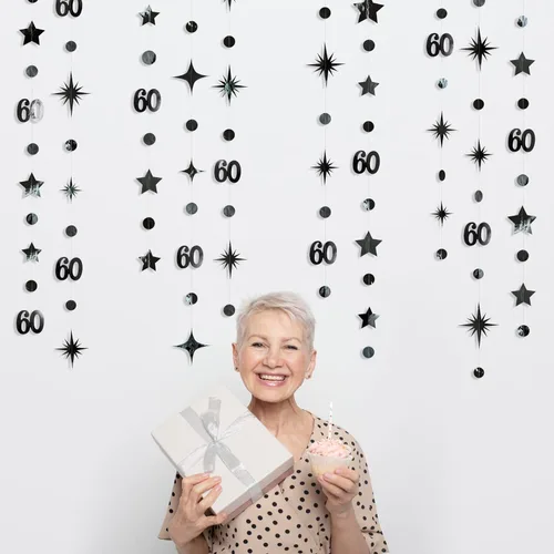 Miniatura 4 de Decoración de cumpleaños número 60 negro, círculo de punto estrella, guirnalda colgante, banderines, telón de fondo para hombres, vítores a los 60