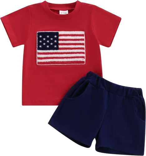 Traje de bebé del 4 de julio, camiseta de manga corta con letras y pantalones cortos de color sólido, ropa de verano para el Día de la Independencia