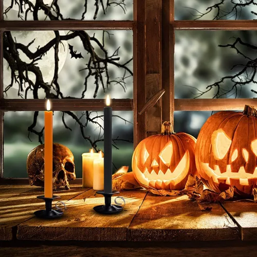 Miniatura 6 de Stmarry Velas cónicas sin llama naranja y negro con control remoto, velas LED de 10 pulgadas parpadeantes, llama 3D realista con mecha, luz blanca