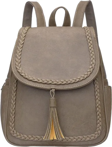 KKXIU Bolso pequeño de la mochila del cuero sintético de la manera para las mujeres y las niñas adolescentes con la borla, Caqui, Viajar