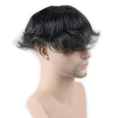 Toupee para hombre 10 × 8 "cabello humano 1B mezcla 20% pelo sintético gris piel fina postizo sistema de reemplazo de pelo base de red monofilamento