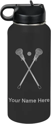 Miniatura 75 de LaserGram Botella de agua personalizada, palitos de lacrosse, acero inoxidable de doble pared aislada al vacío con popote superior, regalo grabado
