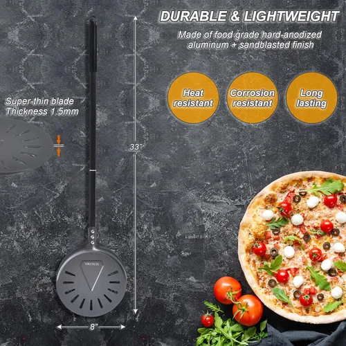 Miniatura 8 de Pala de Pizza Giratoria, 8 Pulgadas con Mango de 25 Pulgadas Pala de Pizza Giratoria Redonda, Espátula de Pizza Giratoria de Aluminio Anodizado