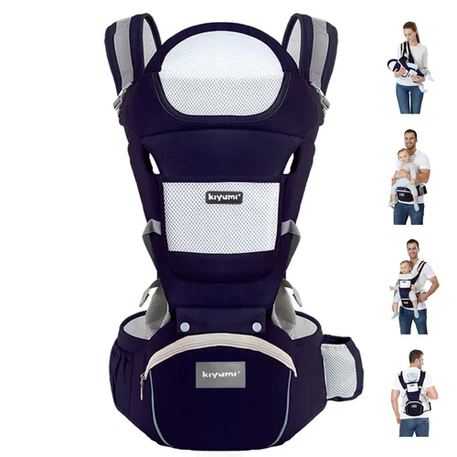 KIYUMI Portabebés con asiento de cadera, posición M ergonómica, de recién nacido a niño pequeño, soporte para la cabeza y malla transpirable, Azul