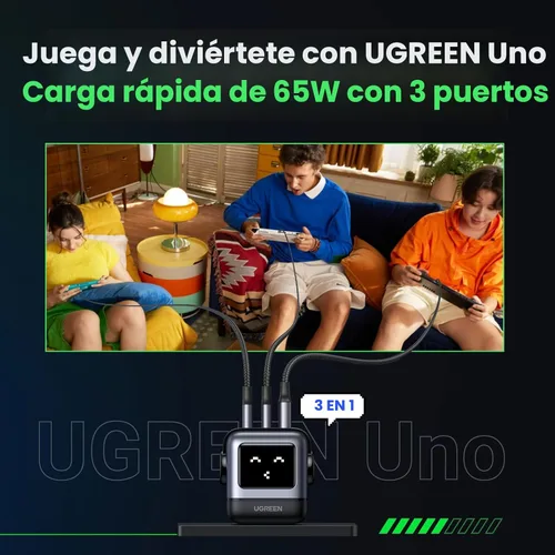 Miniatura 4 de UGREEN Uno - Bloque de cargador USB C de 65 W, Nexode 3 puertos GaN cargador rápido con pantalla, divertidos regalos de robot para hombres y Negro