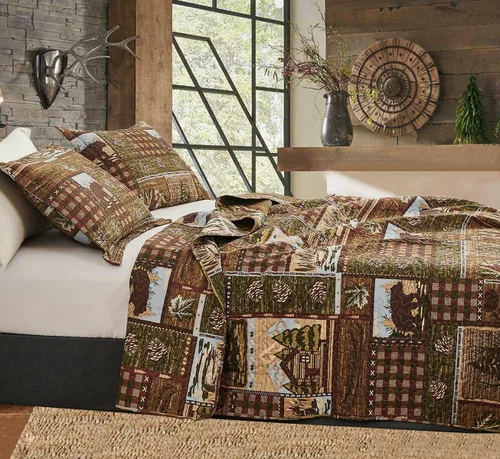 Miniatura 3 de Juego de edredón de oso de alce tamaño individual, juego de ropa de cama rústica de cabaña a cuadros, colcha reversible para el hogar, colcha