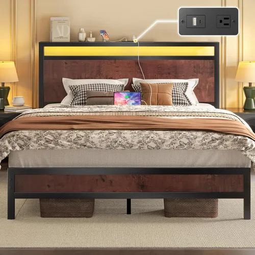 Miniatura 13 de Fluest Base de cama Queen con cabecero y estribo, marco de cama con estación de carga integrada y luz LED, estante de almacenamiento, sin ruido,