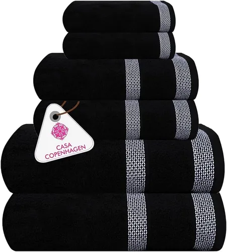 CASA COPENHAGEN Solitaire Juego de 6 toallas - Negro, 600 GSM 2 toallas de baño 2 toallas de mano 2 toallitas, diseñadas en Dinamarca, hechas de