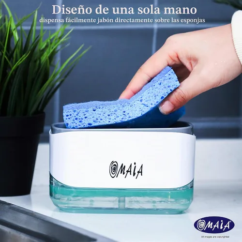 Miniatura 2 de OMAIA Dispensador de jabón para platos 2 en 1 con soporte para esponja, dispositivo de cocina inteligente, organizador de encimera de fregadero