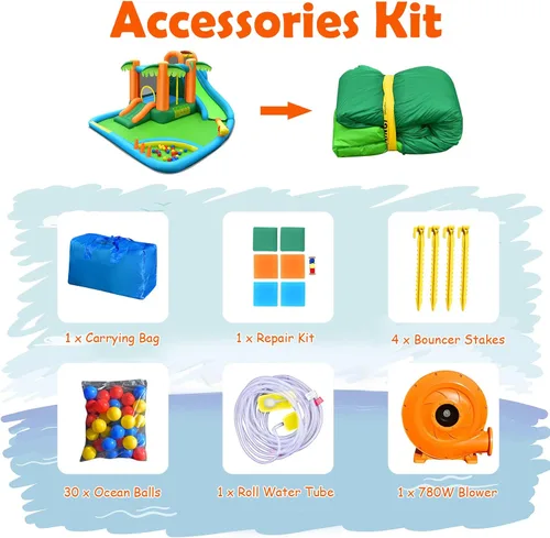 Miniatura 8 de HONEY JOY Tobogán acuático inflable, parque acuático gigante 7 en 1, casa hinchable para patio trasero al aire libre, pared de escalada, toboganes