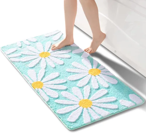 Miniatura 21 de QJHOMO Alfombra de baño azul con diseño de margaritas, decoración de flores blancas y amarillas, alfombra antideslizante de microfibra, súper Azul