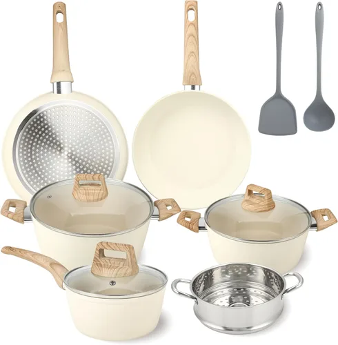 FAB&DELUXE Juego de 11 piezas de utensilios de cocina antiadherentes, ollas y sartenes antiadherentes de aluminio con tapas y asas de madera, Caqui