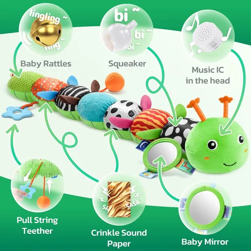 Miniatura 3 de HEMRLY Juguetes Sensoriales para Bebé de 0 a 6 Meses, Oruga Musical de Peluche con Mordedor, Papel Crujiente, Sonajero, Espejo para Bebé para Tiempo