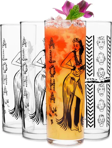 Miniatura 7 de Libbey Juego de 4 vasos altos para cóctel Tiki de bambú, vasos icónicos de 16 oz, vasos modernos para cócteles Highball Bambú Tiki