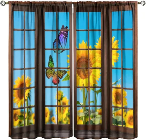 Miniatura 29 de Sunflower Curtains for Living Room Bedroom, Spring Nature Blue Sky and Butterfly Window Drapes, Rustic Wooden Fence Floral Botanical Decor, 2 Panels