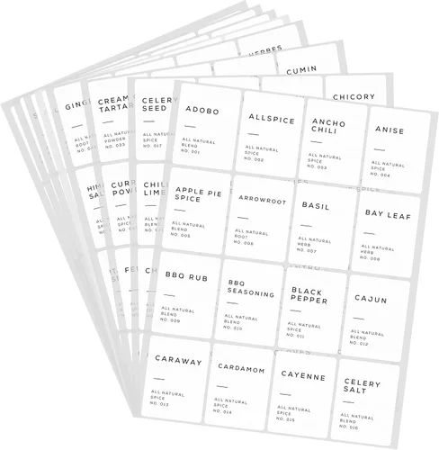Hybsk Etiquetas de despensa de cocina para tarros de especias con 112 etiquetas de especias impresas y 48 etiquetas de despensa para tarros