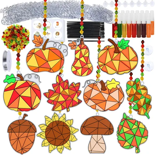 Winlyn 33 juegos de hojas de otoño calabaza bellota girasol atrapasoles adornos decoraciones de pintura de ventana arte atrapasoles kits de