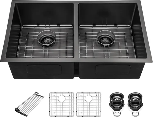 Miniatura 18 de Sarlai 28 Fregadero de cocina bajo encimera de doble tazón - Fregadero bajo encimera de acero inoxidable de 28x19 pulgadas de calibre 16, con repisa
