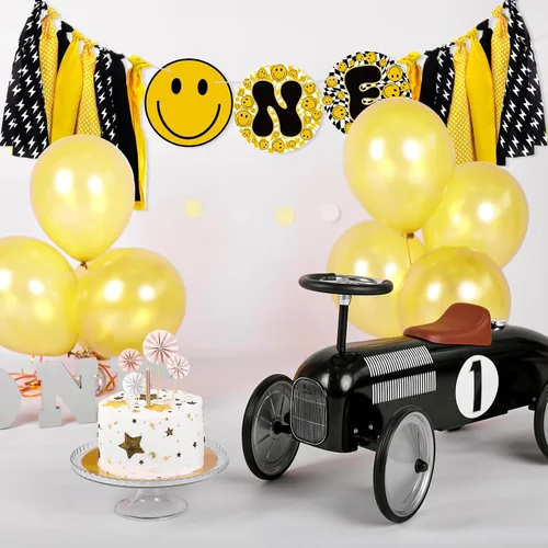 Miniatura 4 de Therwen Cartel para silla alta de One Happy Dude - Cartel de primer cumpleaños con cara de sonrisa y rayo, suministros de fiesta hippie para niños