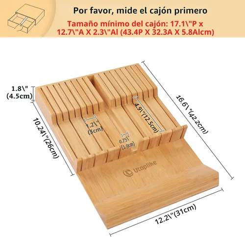 Miniatura 3 de Utoplike - Bloque de cuchillos para cajones de bambú, organizador grande de cajones de cuchillos de cocina, con asa, soporte para cuchillo de carne