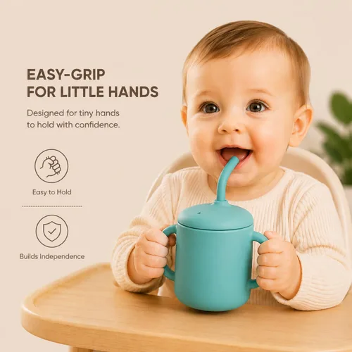 Miniatura 4 de Vaso de silicona con popote para bebés de 6 meses en adelante, 6 onzas, libre de BPA, taza de entrenamiento de silicona de grado alimenticio