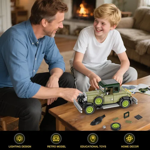 Miniatura 6 de Juego de construcción de modelo de coche clásico vintage con luz para adultos, niños y niñas (1297 unidades), modelo de autos antiguos, colección
