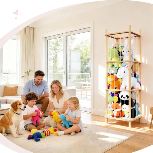 Miniatura 5 de Organizador grande de almacenamiento de animales de peluche y juguetes, 3 capas de 54 pulgadas de madera, lindo soporte de juguetes de zoológico