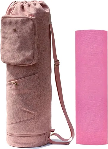 ESVAN Bolsa para esterilla de yoga con múltiples bolsillos. Bolsa de transporte con cordón para esterilla de yoga, Pilates, ejercicio. Bolsa de Lino