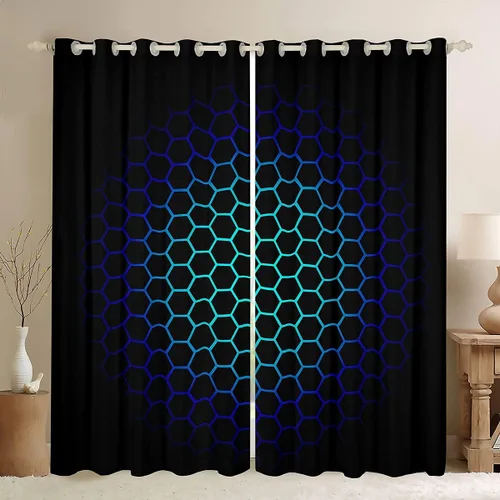 Miniatura 74 de Feelyou - Cortinas de ventana en forma de panal, tema geométrico hexagonal con luces de neón verdes, para chicos adolescentes y hombres, elegante