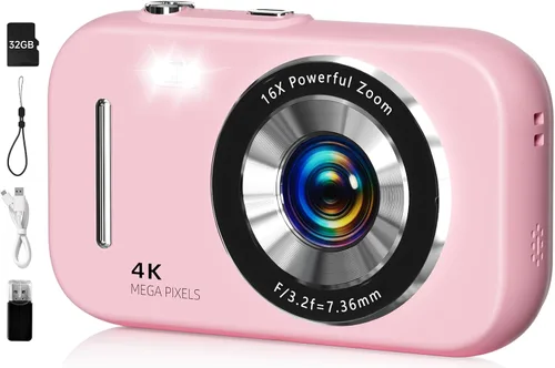 Cámara digital, FHD 4K 48MP Cámara portátil con anti vibración, zoom 16X, cámara digital para adolescentes con belleza, tarjeta de 32 GB, 21