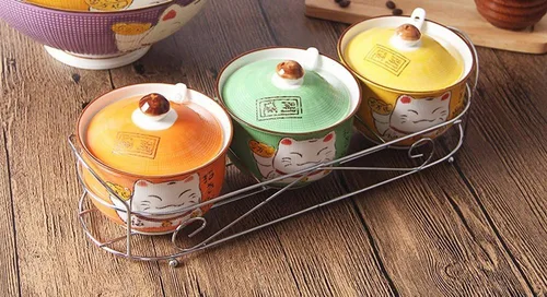 Miniatura 6 de Cerámica japonesa Maneki Neko Lucky Cat Azúcar Sal Pimienta Tarro de almacenamiento con tapa y cuchara Púrpura