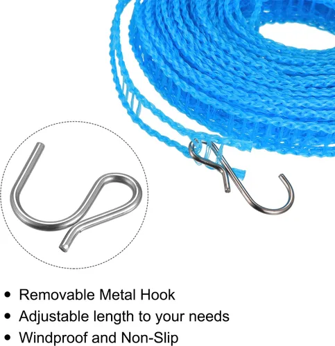 Miniatura 4 de uxcell Tendedero portátil, de nailon de 26.24 pies, resistente al viento, antideslizante, cuerda de lavado para patio, viajes al aire libre, Azul